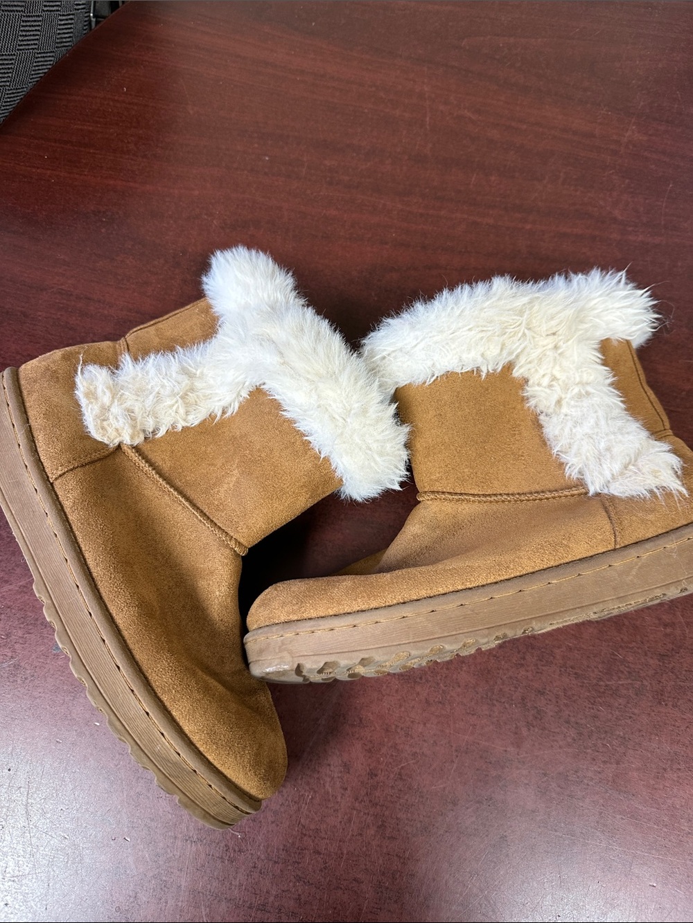 Women’s Tan Faux-Suede Winter Boots with Cream Faux-Fur Trim